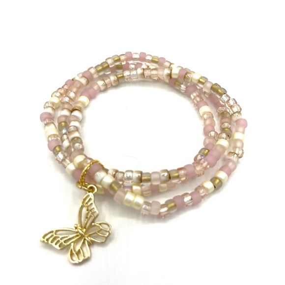 Hand Crafted Jewelry - HAND CRAFTED Stretch Bracelet Trio with Pinks and Gold Butterfly